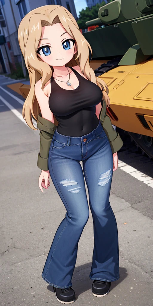 masterpiece, best quality, ultra-detailed, 1 girl, full body, solo, Kay(Girls & Panzer), blonde, long hair, hair intake, blue eyes, breasts, black tank top, tag necklace, deep blue baggy flare jeans(Wide flares on jeans:1.2), black combat boots, brown long sleeve military jacket, smile, kay
