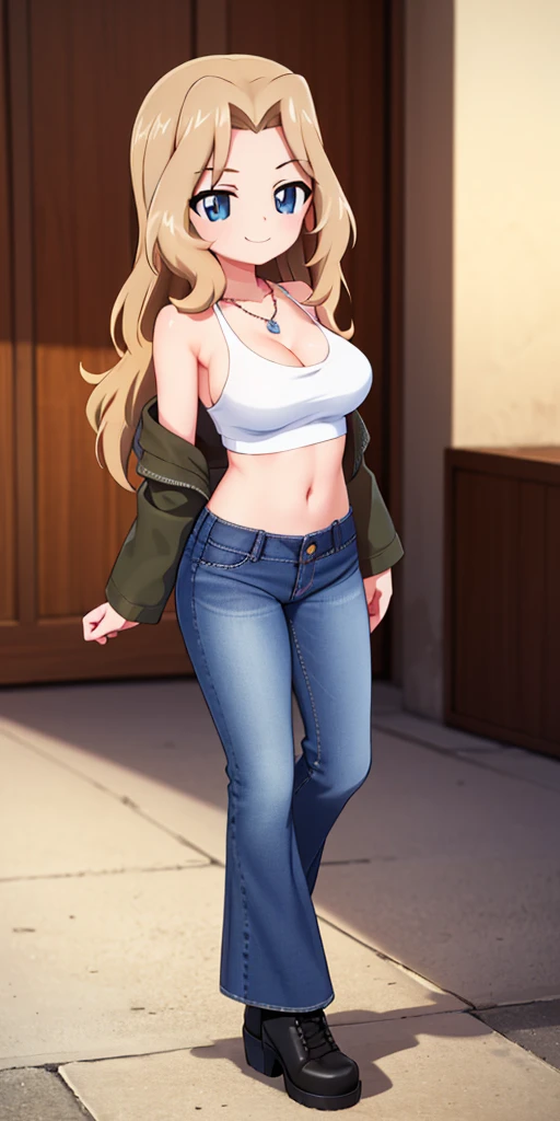 masterpiece, best quality, ultra-detailed, 1 girl, full body, solo, Kay(Girls & Panzer), blonde, long hair, hair intake, blue eyes, breasts, black tank top, tag necklace, deep blue baggy flare jeans(Wide flares on jeans:1.2), black combat boots, brown long sleeve military jacket, smile, kay
