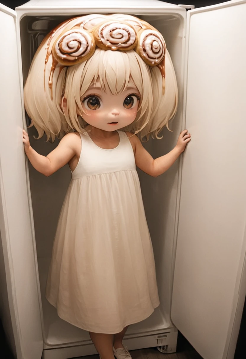 Anthropomorphic cinnamon roll monster girl, ADULT monster girl, cute, Tiny, exiting the refrigerator, gloopy, cinnamon icing slime monster, looks like a woman, look like a human woman, 80% human looking 