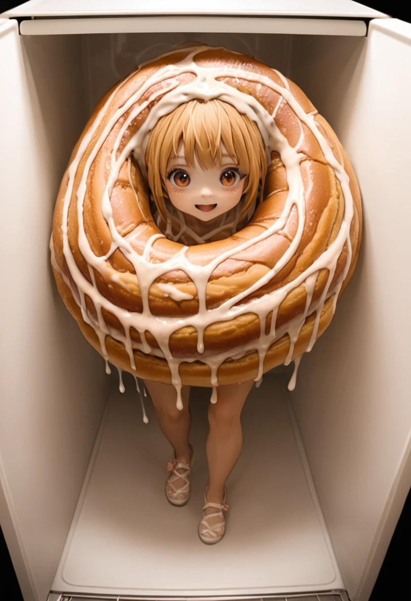 Anthropomorphic cinnamon roll monster girl, ADULT monster girl, cute, Tiny, exiting the refrigerator, gloopy, cinnamon icing slime monster, looks like a woman, look like a human woman, 80% human looking 