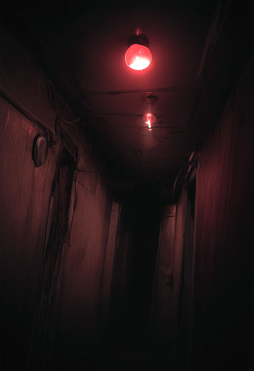 horror creepy boiler room, dark red lights, hyper realistic, horror, dark background, dark atmosphere, horror lighting, detailed, cinematic lighting, chiaroscuro atmosphereImages in a dream、uneasy、deep in the night、motel、Motel Area、Haze、clown、Particle、Grainy photo、Film Touch、horor、wide angles、wide-angle lens、
