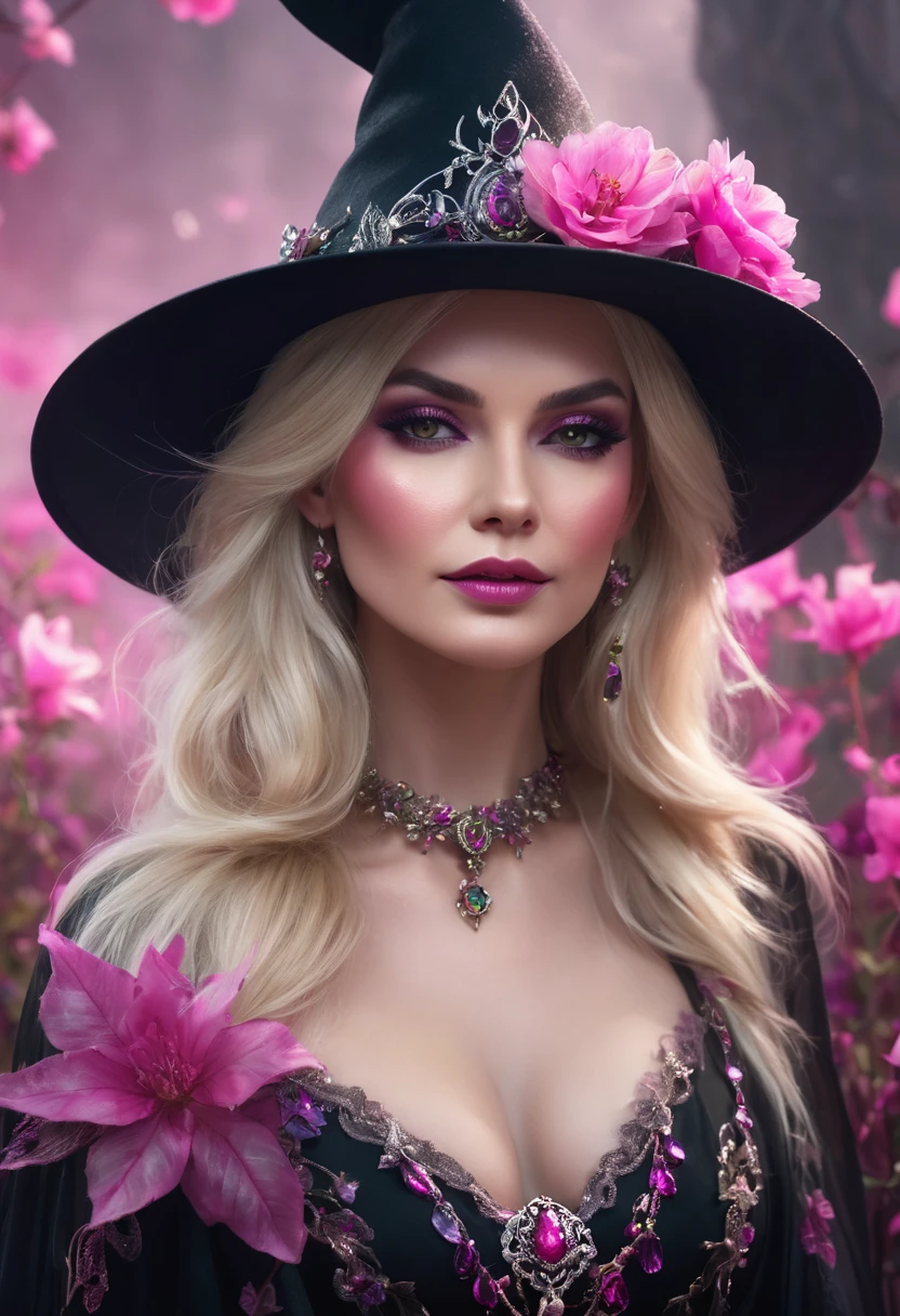 a beautiful woman blonde WITCH WITH A hat and jewels and amazing pink flowers the Style-RustMagic, Aum, (atmosfera escura:1.2), (Mist & smoke), (noite escura:1.3), Cicatrizes, (shaggy medium length dark hair:1.1), (sombra:1.1), (brilho lindamente detalhado:1.2), (cinematic lighting), detalhe intrincado, high resolution,