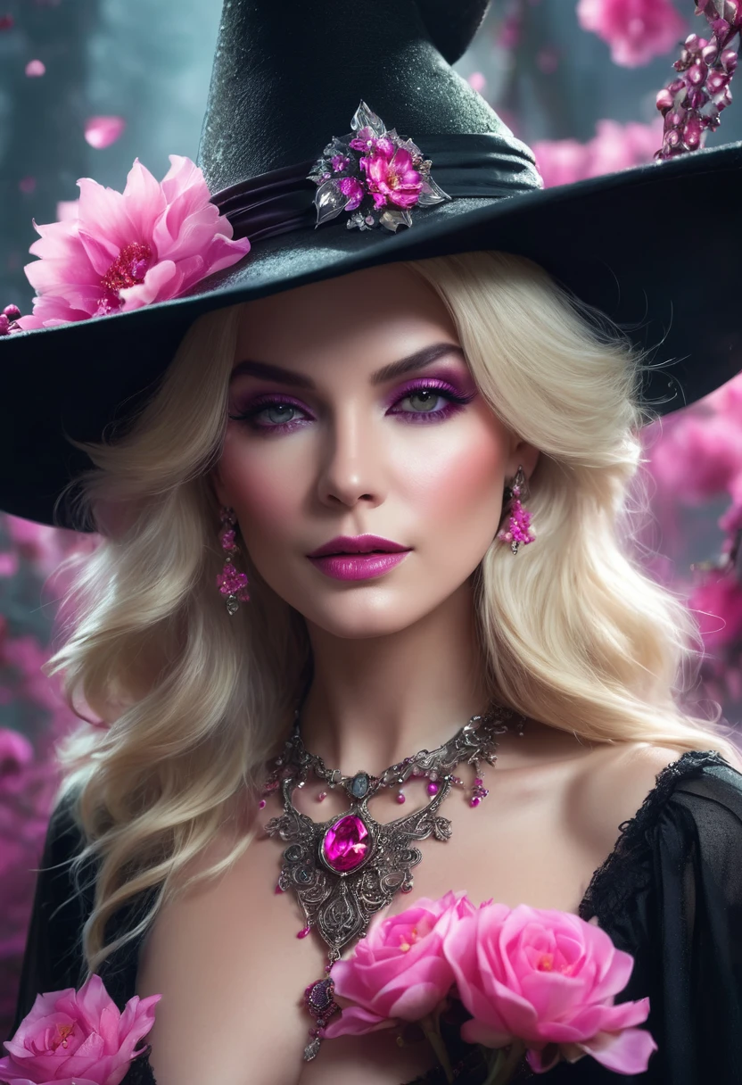 a beautiful woman blonde WITCH WITH A hat and jewels and amazing pink flowers the Style-RustMagic, Aum, (atmosfera escura:1.2), (Mist & smoke), (noite escura:1.3), Cicatrizes, (shaggy medium length dark hair:1.1), (sombra:1.1), (brilho lindamente detalhado:1.2), (cinematic lighting), detalhe intrincado, high resolution,