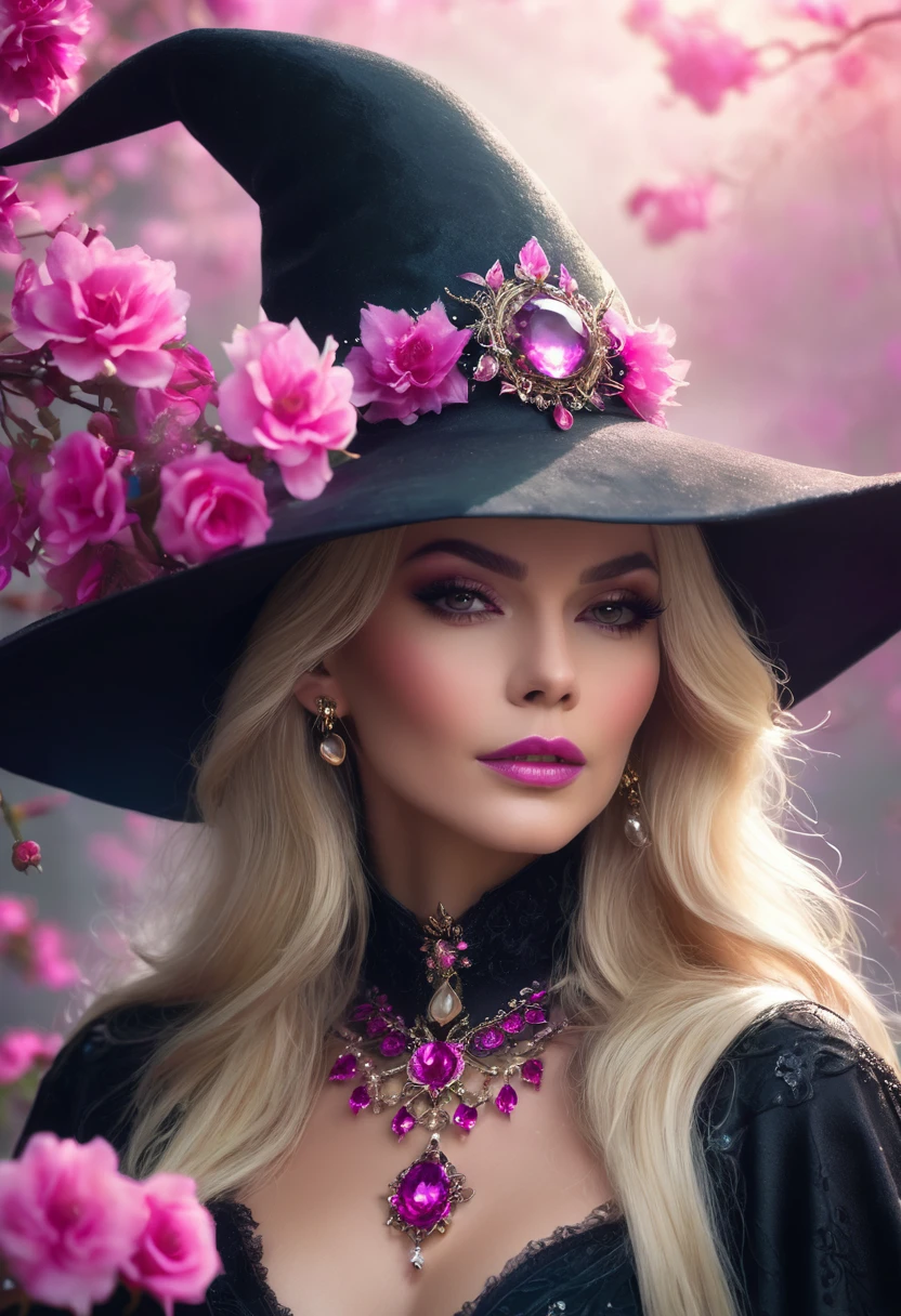 a beautiful woman blonde WITCH WITH A hat and jewels and amazing pink flowers the Style-RustMagic, Aum, (atmosfera escura:1.2), (Mist & smoke), (noite escura:1.3), Cicatrizes, (shaggy medium length dark hair:1.1), (sombra:1.1), (brilho lindamente detalhado:1.2), (cinematic lighting), detalhe intrincado, high resolution,