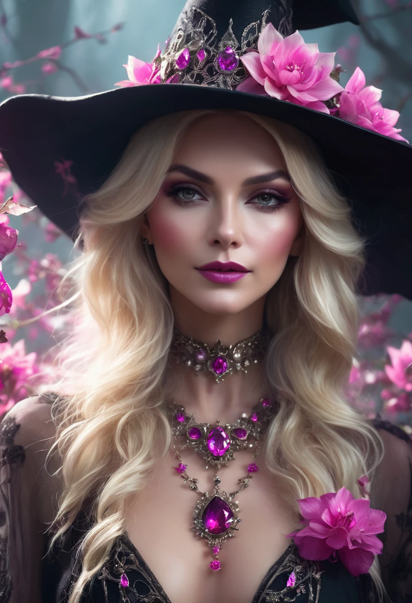 a beautiful woman blonde WITCH WITH A hat and jewels and amazing pink flowers the Style-RustMagic, Aum, (atmosfera escura:1.2), (Mist & smoke), (noite escura:1.3), Cicatrizes, (shaggy medium length dark hair:1.1), (sombra:1.1), (brilho lindamente detalhado:1.2), (cinematic lighting), detalhe intrincado, high resolution,