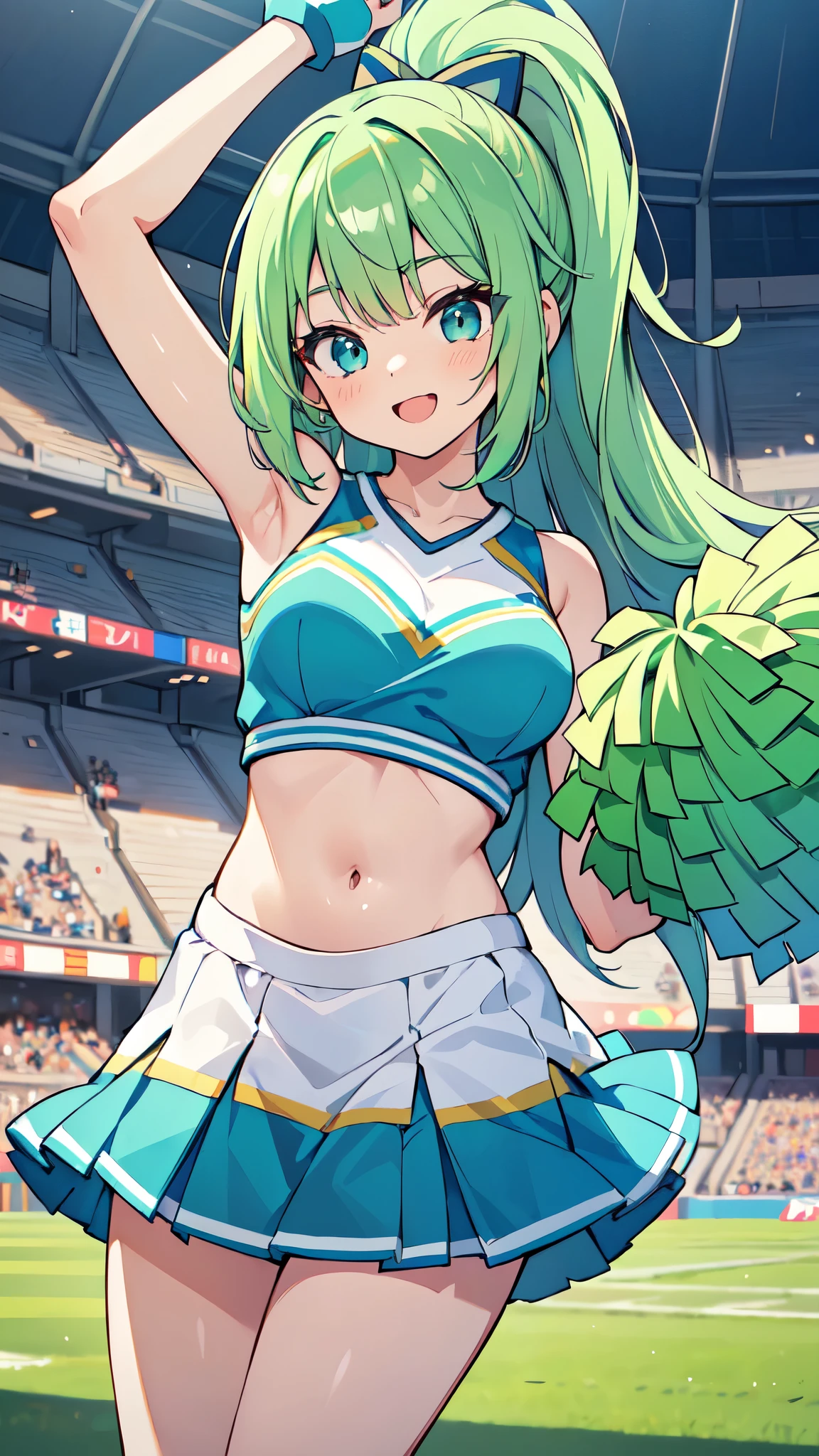 ((A Pretty cheerleader with green hair and blue eyes)), Baby face, ((master piece, top-quality, ultra-definition, high resolution)), anime girl, ((ultra-detailed illust:1.2)), only one person, bangs, hair between eye, beautiful hair, Shiny eyes, Medium breasts, Big smile, opened mouth, enjoying, in the stadium