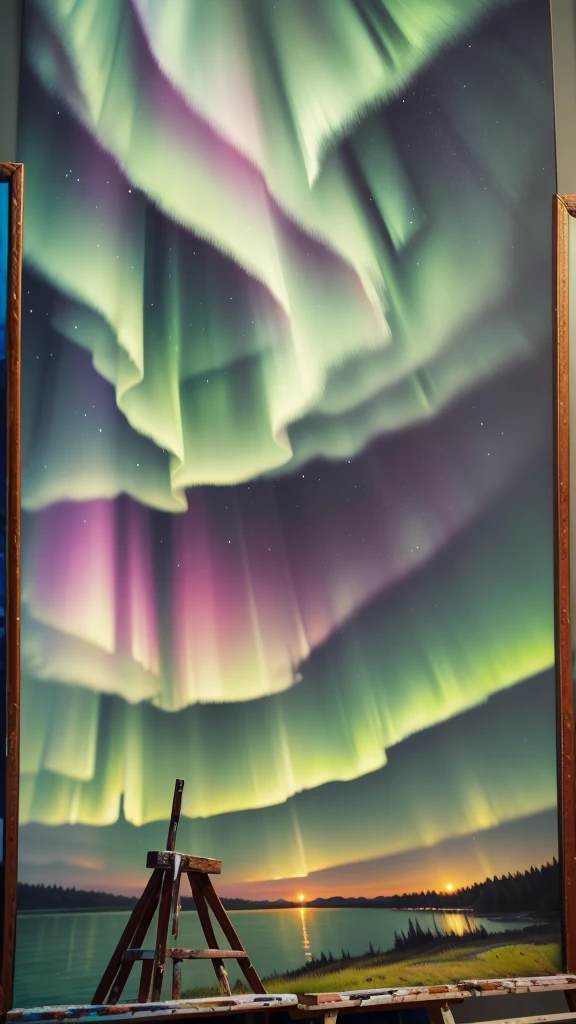 A painting of the sky where you can see the aurora, evening, paint, green