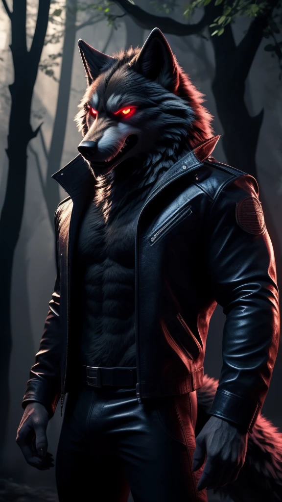 Posing, Male, 30 years old, Evil grin, black leather jacket, anthro, wolf ears, (black fur:1.5), wolf, forest background at night, 8k, hi res, (best quality, masterpiece), red glowing eyes, (wolf tail:1.5), detailed fur