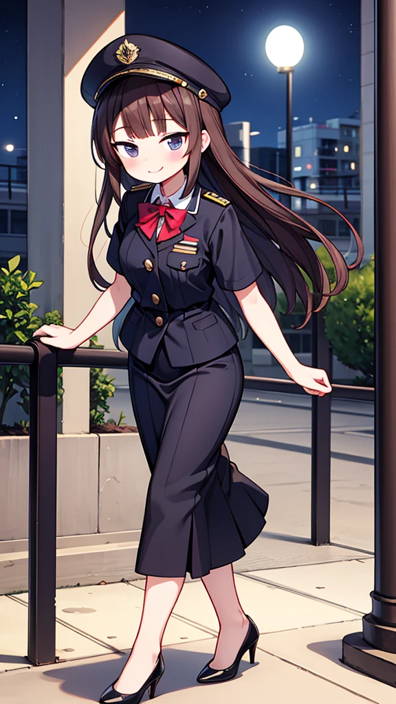 {highest quality], [Super beautiful], [Ultra fine], [Best illustration], NSFW,Brown Hair, Hime cut, Long Hair, With bangs, girl, Uniform cap,Security uniform, smile, blush, Slender women,Short sleeve,Long straight skirt, Adult women,walk,(Public）Night Park, diagonal,Bare feet and pumps, Plain black pumps
