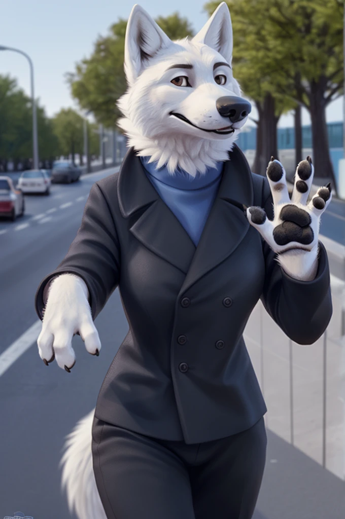 Barbara\(Moscow\), (white body:1.3), white fur, Brown eyes, Moscow, dressed, black jacket,trousers,blue,brown open heel sandals, canine, wolf, Detailed fur, female, breast, Anthro, paw pads, finger claws, waving, waving at viewer, 5 fingers, paws, 4 toes,ring,
BREAK from nextel, for dating, by xenoforge, (difficult, high detail, Film photography, soft focus, RAW сидит,
Photorealism, realistic, photorealistic, digital style, subsurface scattering,
masterpiece, Best quality, ultra realistic, 8K)