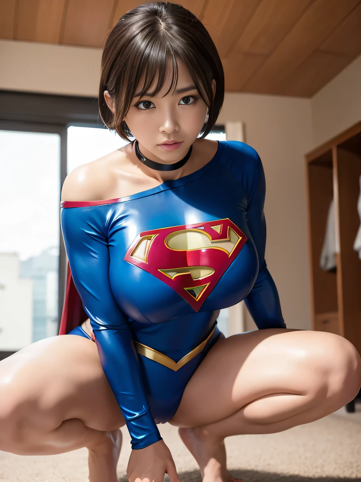 masterpiece、Supergirl Costume、short hair、barefoot、Big and ample breasts、Crisis situation、Complete surrender、Inside the prison、torture chamber、Abused、Humiliating torture、Squatting Pose、shiny sweaty skin、looking at the camera、choker、Long sleeve、Sexy poses to seduce、Off the shoulder、latex、from right in front、Crotch tearing、athlete、High leg、Show off your thighs、