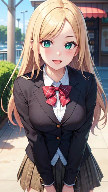 ((masterpiece, best quality, highres, UHD, perfect pixel, depth of field, 4k, RTX, HDR))), 1girl, single, solo, beautiful anime girl, beautiful artstyle, anime character, ((long hair, parted bangs, blonde hair)), (green eyes:1.4, rounded eyes, beautiful eyelashes, realistic eyes), (detailed face, blushing:1.2), (smooth texture:0.75, realistic texture:0.65, photorealistic:1.1, anime CG style), medium breasts, dynamic angle, perfect body, (red bowtie, , black jacket, open jacket, brown cardigan, white shirt), ((black skirt:1.5, plaid skirt)), smile, open mouth, (leaning forward, hands behind back), amusement park