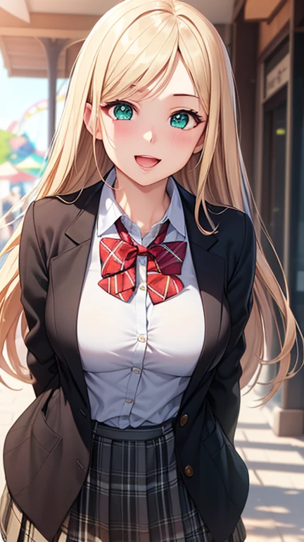 ((masterpiece, best quality, highres, UHD, perfect pixel, depth of field, 4k, RTX, HDR))), 1girl, single, solo, beautiful anime girl, beautiful artstyle, anime character, ((long hair, parted bangs, blonde hair)), (green eyes:1.4, rounded eyes, beautiful eyelashes, realistic eyes), (detailed face, blushing:1.2), (smooth texture:0.75, realistic texture:0.65, photorealistic:1.1, anime CG style), medium breasts, dynamic angle, perfect body, (red bowtie, , black jacket, open jacket, brown cardigan, white shirt), ((black skirt:1.5, plaid skirt)), smile, open mouth, (leaning forward, hands behind back), amusement park