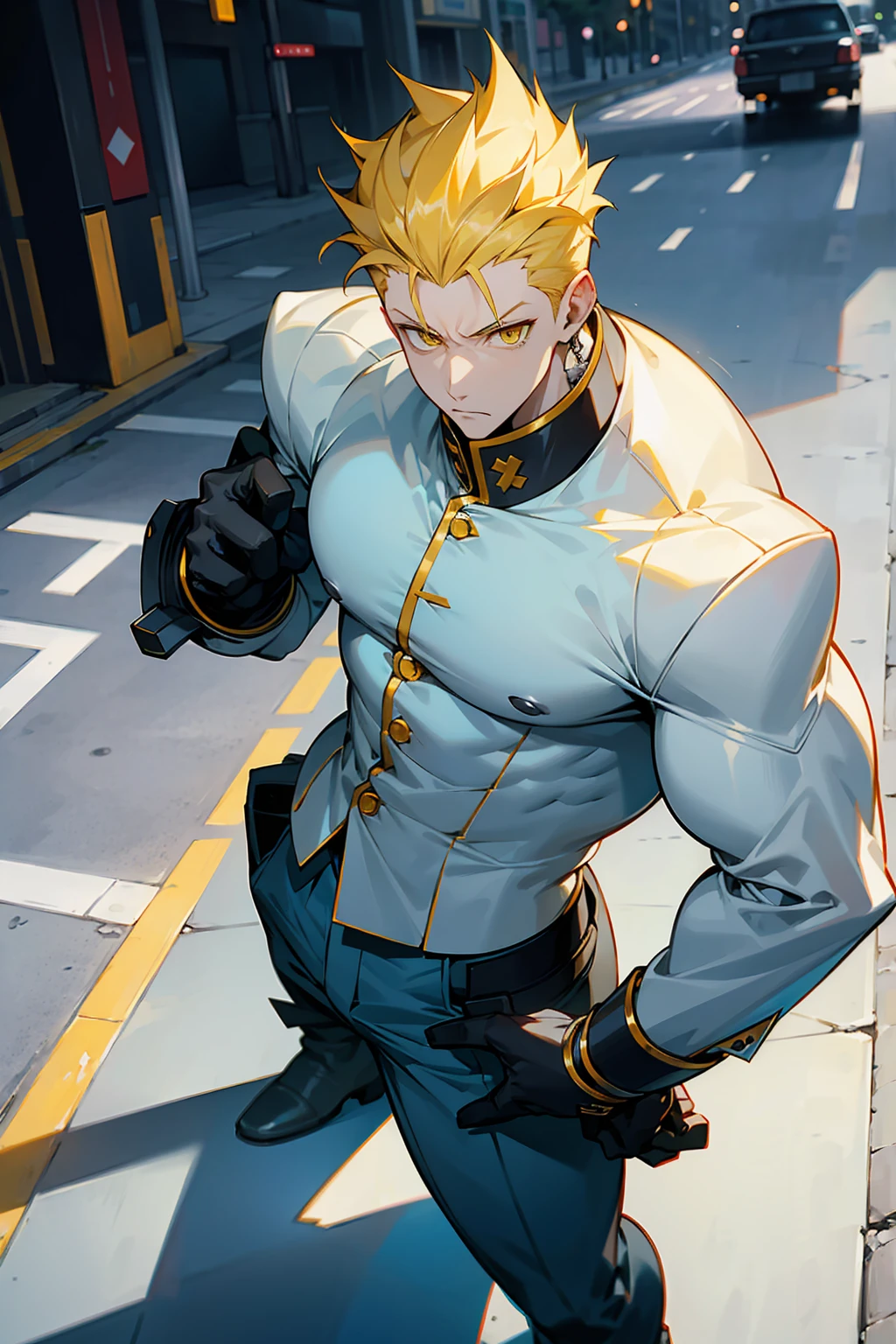 1male , Muscular , Adult Male , Pale Skin , Yellow Eyes , Pale Blue Hair , Yellow Highlighted Hair , Serious Expression , Modern city background , Standing on sidewalk , Dark Blue Gakuran
