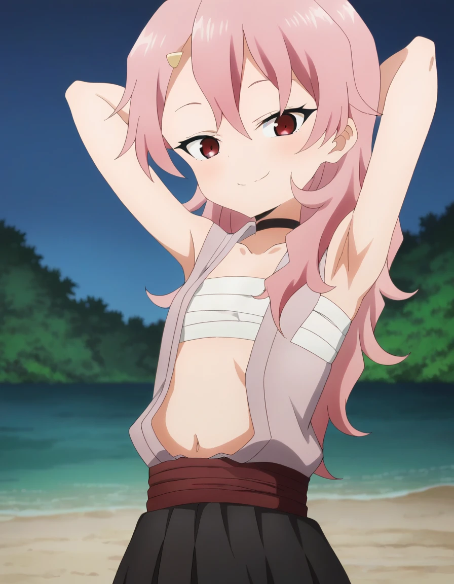 benisumomo, anime coloring ,BREAK source_anime, anime, long hair, hair ornament, red eyes, navel, pink hair, japanese clothes, choker, hairclip, flat chest, black choker, sarashi, chest sarashi, black skirt, high quality, solo, night sky, beach, arms behind head, contrapposto, closed mouth, spread armpits, (cowboy shot:1.5), looking at viewer, smile, best quality, puffing chest,