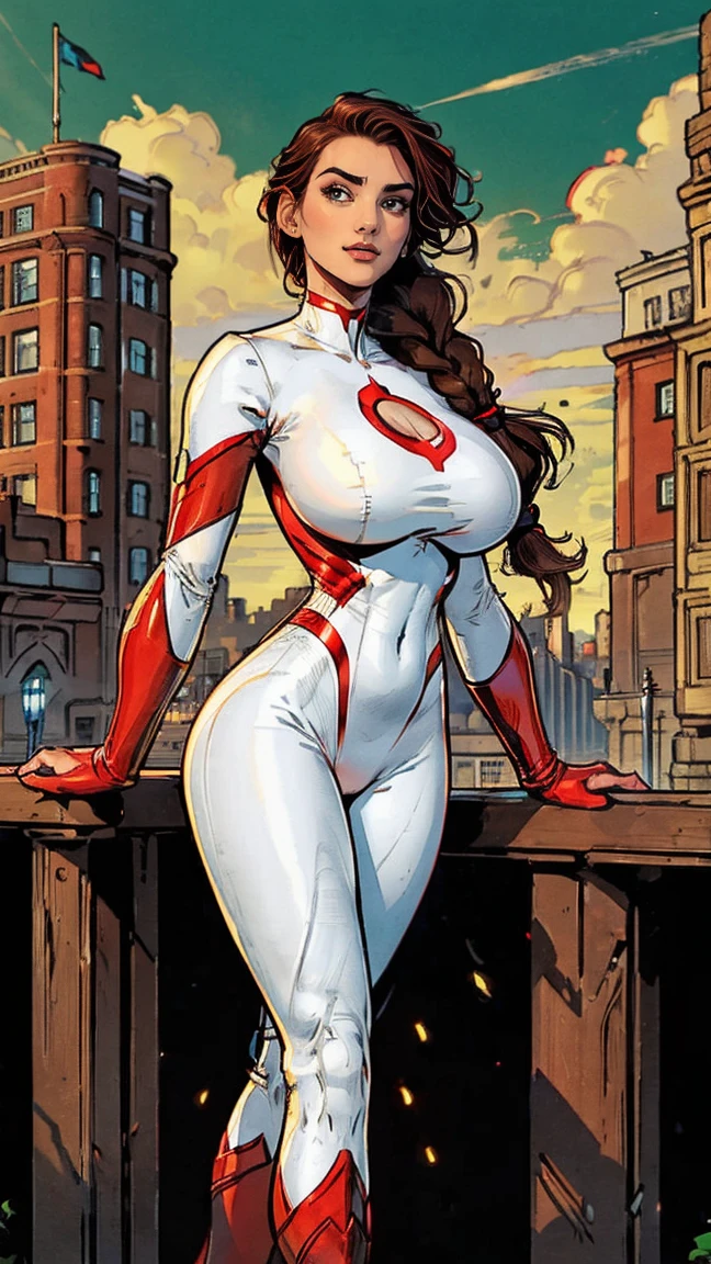 (masterpiece, top quality, best quality, official art, beautiful and aesthetic:1.2), (1girl:1.3), brown hair, braid, extremely detailed, portrait, looking at viewer, solo, (full body:0.6), detailed background, close up, mischievous eyes, (warm city superhero theme:1.1), (((reaching out, incredibly long arm, rubber arm, stretched arm))), pleasant smile, brunette, aquiline nose, green eyes, braid, ((gigantic breasts)), (thin), athletic, superhero. Wearing a sleek, satin (high-neck) (sleek red and white bodysuit with white sides), ((red sleeves, red legs)), (white sides, red center), modest, fully-covered, long red gloves, long red boots, slim waist, slim hips, long legs, modern (city street exterior:1.1) detailed background, bright optimistic lighting, shadows, magical atmosphere, dutch angle