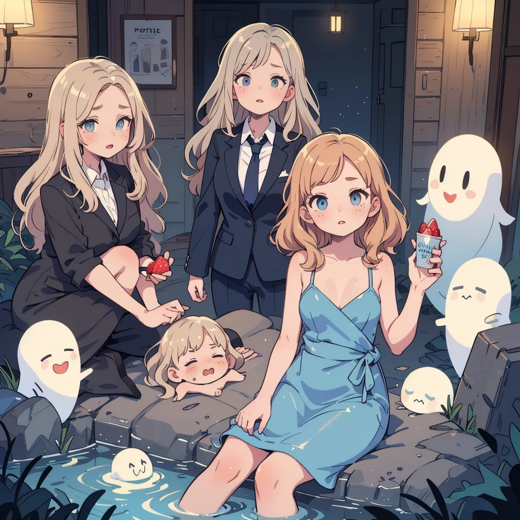 (masterpiece, best quality), Silk wrap dress with a fitted blazer, Belle, Average Height, Athletic, Diamond-Shaped Face, Olive Skin, Strawberry Blonde Hair, grey-blue Eyes, Straight Nose, Thick Lips, Round Chin, Shoulder-Length Hair, Fine Hair, Long Curly Hair, soft breasts, , shimmer metallic lipstick, an eerie, abandoned ghost town