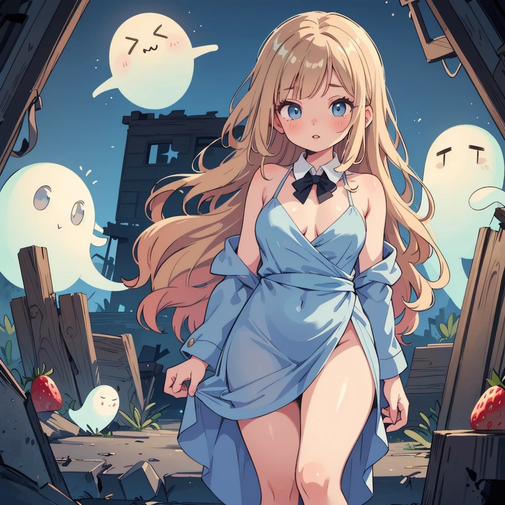 (masterpiece, best quality), Silk wrap dress with a fitted blazer, Belle, Average Height, Athletic, Diamond-Shaped Face, Olive Skin, Strawberry Blonde Hair, grey-blue Eyes, Straight Nose, Thick Lips, Round Chin, Shoulder-Length Hair, Fine Hair, Long Curly Hair, soft breasts, , shimmer metallic lipstick, an eerie, abandoned ghost town