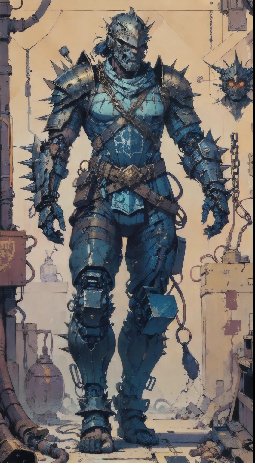 1man, old man, perfect proportions, anatomically correct, (head to toe: 2.0), (full body image: 2.0), solo, extremely stylized, deviant art, masterpiece, highly detailed, detailed eyes, expressive detailed eyes, detailed pupils, futuristic, ((wearing an armored helmet)), ((holding a spiked flail)), (cybernetic arms:1.4), big boots, entire body image, full body shot, nvinkpunk, professional photograph of alexander_skarsgard, tassles, large beads, (large tassels), cyberpunk, inkpunk, paint platter, ink splatter, (action pose:1.0), ((chainmail shirt)), old warrior, long beard, ((armor shoulders))