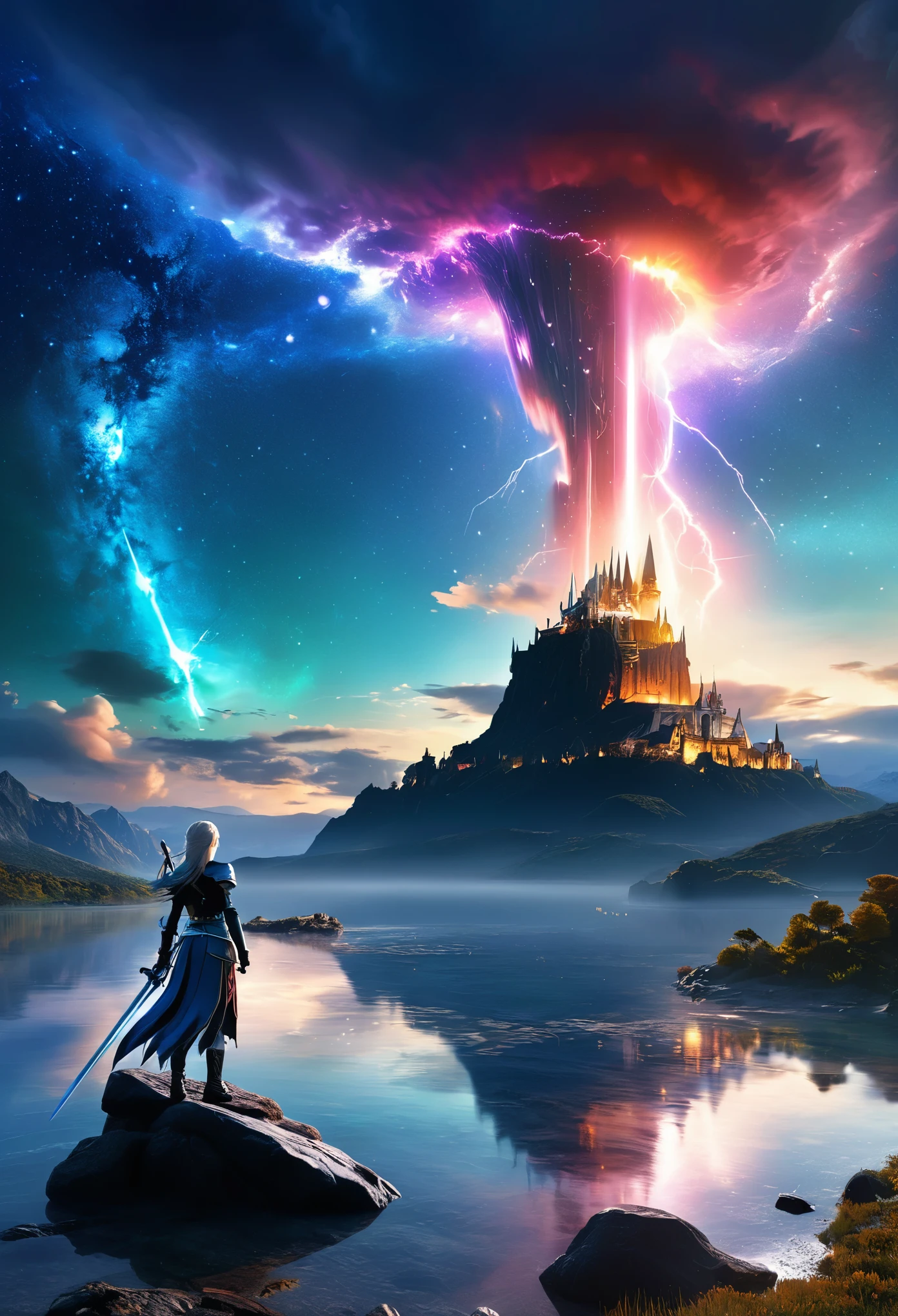 (8k, highest quality, masterpiece, final fantasy style: 1.2), (unrealistic, photorealistic: 1.37), (one mage lady standing on lake side, huge bouncing bust, with sword with fire, Her sword shines into the heavens:1.1), Dreamy landscape, Fantasy, Unsurreal landscapes, Super detailed, Flying medieval castle, Floating Island in the Sky, Seven-colored swirl of light, (流星のMr.に空を舞う光り輝く尾の長い小鳥:1.3), Aurora, Intense lightning, milky way, Complex Light, Mr.々Colored light, Large Lake, Starry sky reflected on the lake surface, Countless shining stars, Meteors, Many meteors, Aura of, (A pillar of light emanated from the ground:1,2), 複雑な文Mr.の魔法陣,