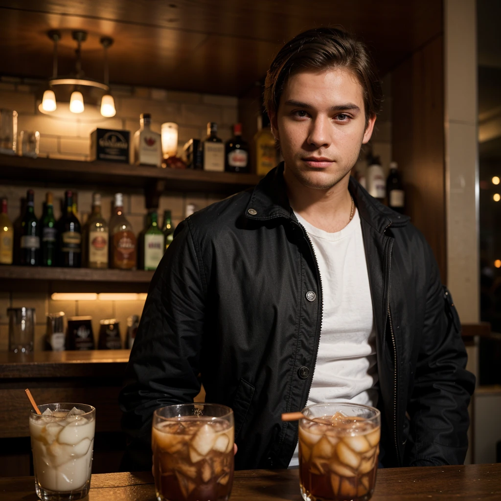 Create an image of a 25-year-old man, medium brown hair, well-groomed medium beard wearing a black jacket, in a bar, with several drinks in the background blurred with red lights. The environment is seductive and captivating.