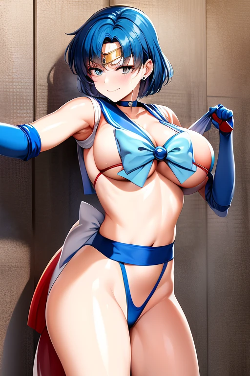 masterpiece, best quality, beautiful art, high resolution, well formed hands, body and fingers, 1 woman, solo, Sailor Mercury, grown up, cosplaying as Mai Shiranui , adult, big breasted, cleavage full body, blue hair, hair ribbon, gorgeous legs and, thighs, sexy Japanese clothes, hair ornament, elbow gloves, tiara, sailor collar , she is fighting in a combat match, showing her fighting skills, making her guard, about to hit the viewer, looking at the viewer, sweating, bouncing breasts, smiling joyfully and brightly, being confident and proud, action and fighting scene, martial arts arena with beach environment