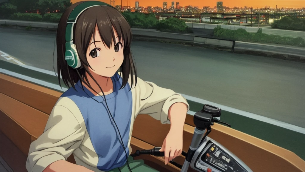 (High resolution, Best Quality, Masterpiece:1.2), (Realistic illustrations), Lo-fi Hip Hop, flat, 2.5D, Line art, Gouache color, Studio Ghibli style, Great colorful, Relaxed girl listening to music with headset, smile, はにかんだsmile, 80s city night view, Riding a motorcycle