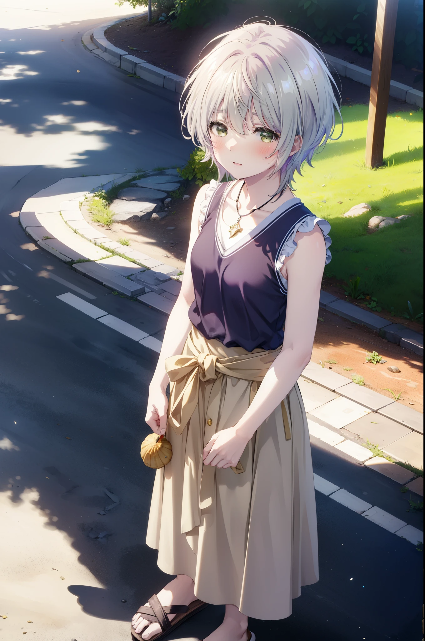 fuukakikuchi, fuuka kikuchi, 1Girl Girl,short hair, bangs, Hair between the eyes, (Green Eyes:1.3), Straw hat,Brown seashell necklace,Gray Hair,smile,blush,White vest,Red Tank Top,Long skirt,Cute Sandals,whole bodyがイラストに入るように,Daytime,Clear skies,walking,morning,morning陽,The sun is rising,
break outdoors, Coastal Road,Sandy Beach,Building district,
break looking at viewer,whole body,Upper Body,
break (masterpiece:1.2), highest quality, High resolution, unity 8k wallpaper, (shape:0.8), (Fine and beautiful eyes:1.6), Highly detailed face, Perfect lighting, Highly detailed CG, (Perfect hands, Perfect ???????),