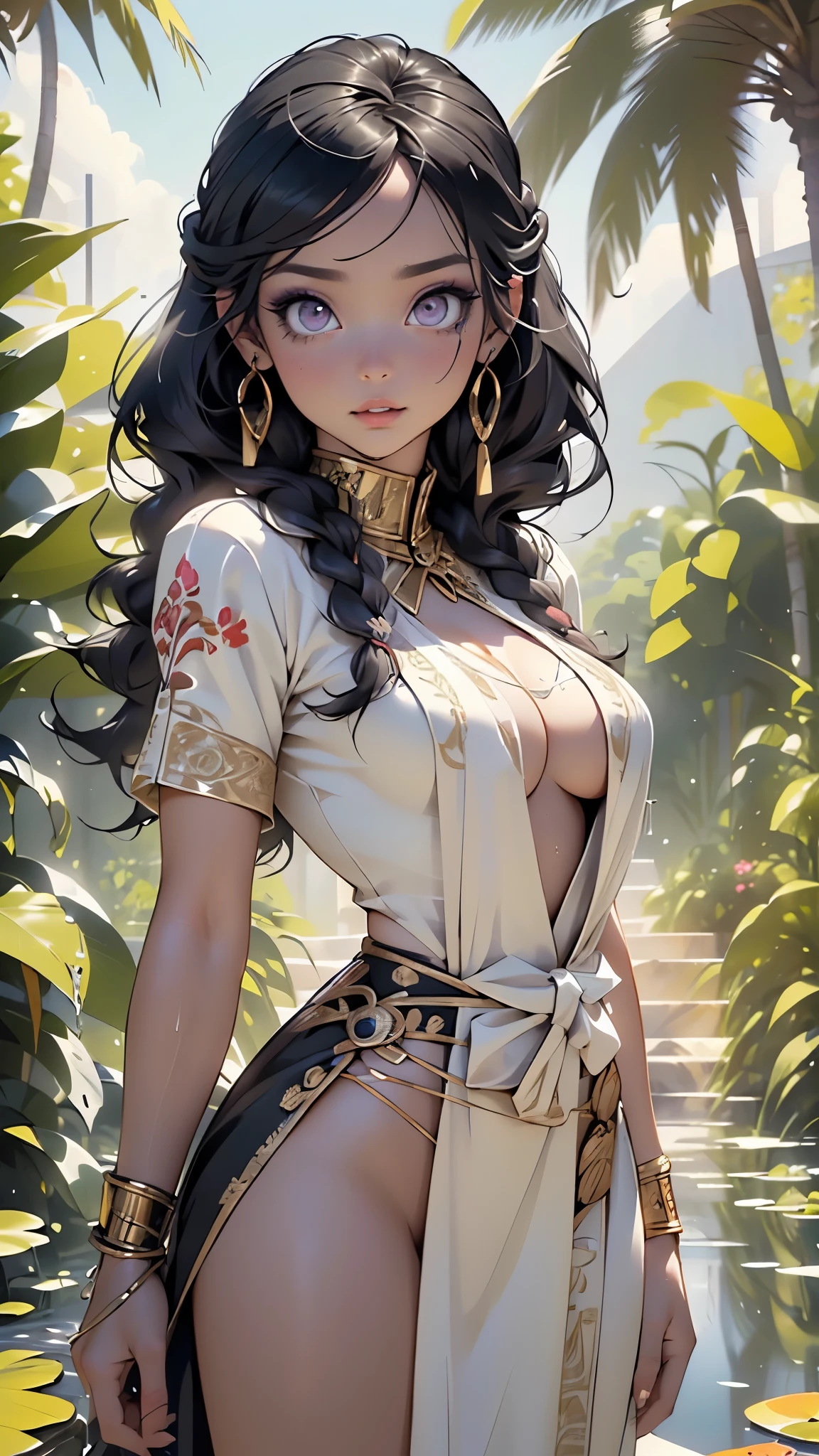 1female，Small loli，smallunderboob ，Pornographic exposure， 独奏，（Background with：bamboo forrest，lotuses，lotus flower，exteriors，） She has short black hair，bobo head，Sweat profusely，drenched all over the body，seen from the front， hair straight， mostly cloudy sky，（（（tmasterpiece），（Very detailed CG unity 8K wallpaper），best qualtiy，cinmatic lighting，detailed back ground，beatiful detailed eyes，Bright pupils，Black eyes，（Very fine and beautiful），（Beautiful and detailed eye description），ultra - detailed，tmasterpiece，）），facing at camera，A high resolution，ultra - detailed），，revealing breasts，Bare genitalia，  Bulge，legs are open，Raised sexy，Camel toes，Flushed complexion，Open-mouthed，frontage，White floral headband，Gold Saint Seiya，Supergirl，elementary student（Wearing：Cloak，Black transparent apron，Filigree embroidery，fullnude，Armour，with no underpants，Iron Man uniform，cyber punk style）