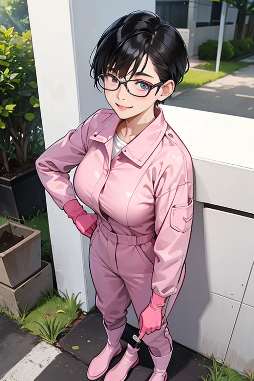 Wearing large pink rubber gloves and white rubber boots、A mature woman with short hair, glasses and black hair wearing a blue long-sleeved jumpsuit cleans a dirty public toilet in a park with a gentle smile