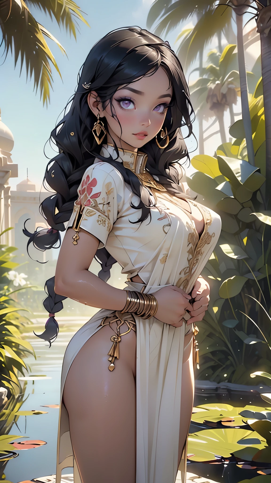 girl from ancient Egypt,1girl,
(large breasts:1.4),((((long twin braids,tight braids,long braid,braided hair,long hime cut,dark hair,black hair,colored inner hair)))),(((purple_eyes:1.3))),intricate eyes,beautiful detailed eyes,symmetrical eyes,((((lustrous skin:1.5,tanned skin,bright skin: 1.5,skin tanned,shiny skin,very shiny skin,shiny body,Reflective skin)))),(spider lower abdomen,narrow waist,wide hip,athletic body,inflated legs,thick thighs,(detailed face)),beautiful detailed lips,
cute,slutty,sensual,seductive look,seductive,((erotic)),opulent,sumptuous,((nsfw)),
zettai ryouiki,revealing clothing,show skin,cleavage,((underboob)),(((barefoot))),((egyptian outfit)),((intricate egyptian outfit)),egyptian accessories,(egyptian jewelry in her arms),usekh collar,earrings,(((hair tubes))),(((eyeshadow,egyptian makeup,eyelid makeup))),(((pelvis curtain))),(loincloth),(((Transparent cloth:1.1,wet clothes,intricate outfit,embroidered outfit,ornate outfit,intricate cloth,embroidered cloth,ornate cloth))),
(flirtatious pose:1.3), looking at viewer,embarrassed,centered,scale to fit dimensions,Rule of thirds,
outdoors,(egyptian palace,egyptian palace background,pyramids in the background),scenery:1.25,intricate scenery,extremely scenery,(oasis,oasis background),(puddles everywhere,moss,moss on the background),clouds,Egypt style,Egypt castle,lily pads,palms,reeds,(sunset, golden hour),
(Glossy Egyptian ornaments),highres,sharp focus,(ultra detailed,extremely detailed),(photorealistic artwork:1.37),(extremely detailed CG unity 8k wallpaper),(((vibrant colors,vibrant theme))),(intricate),(masterpiece),(best quality),artistic photography,(photography taken by sldr),(intricate background),perfect rendered face,perfect face details,realistic face,photo realistic,((intricate detail)),(((realism))),