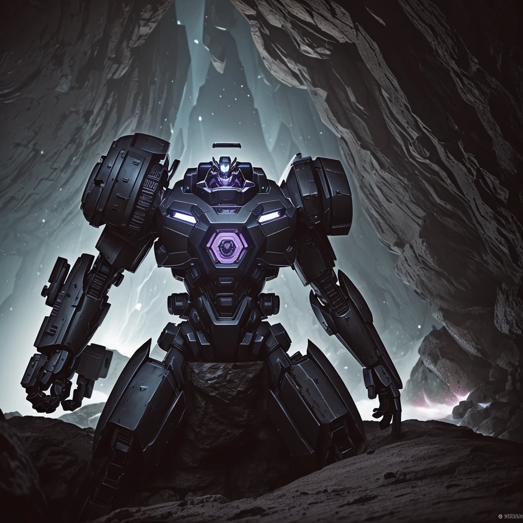 um mecha samurai de olhos roxos purpura meditando em uma caverna que fica atras desta cachoeira, ethereal and mecha theme, black octane rendering, aesthetic lock, realistic mecha aesthetic, Incredibly detailed octane rendering, mecha preto, 8k octanas renderizadas, , the environment is dark but well lit, the character displays many details in addition to his hands making signs of meditation, background esta meditando em uma caverna atras de uma cachoeira