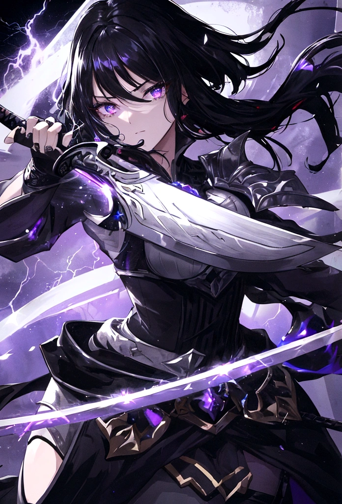 a woman with black hair and white streaks with sad face holding a large purple sword, detailed eyes, detailed sword, cinematic lightning

