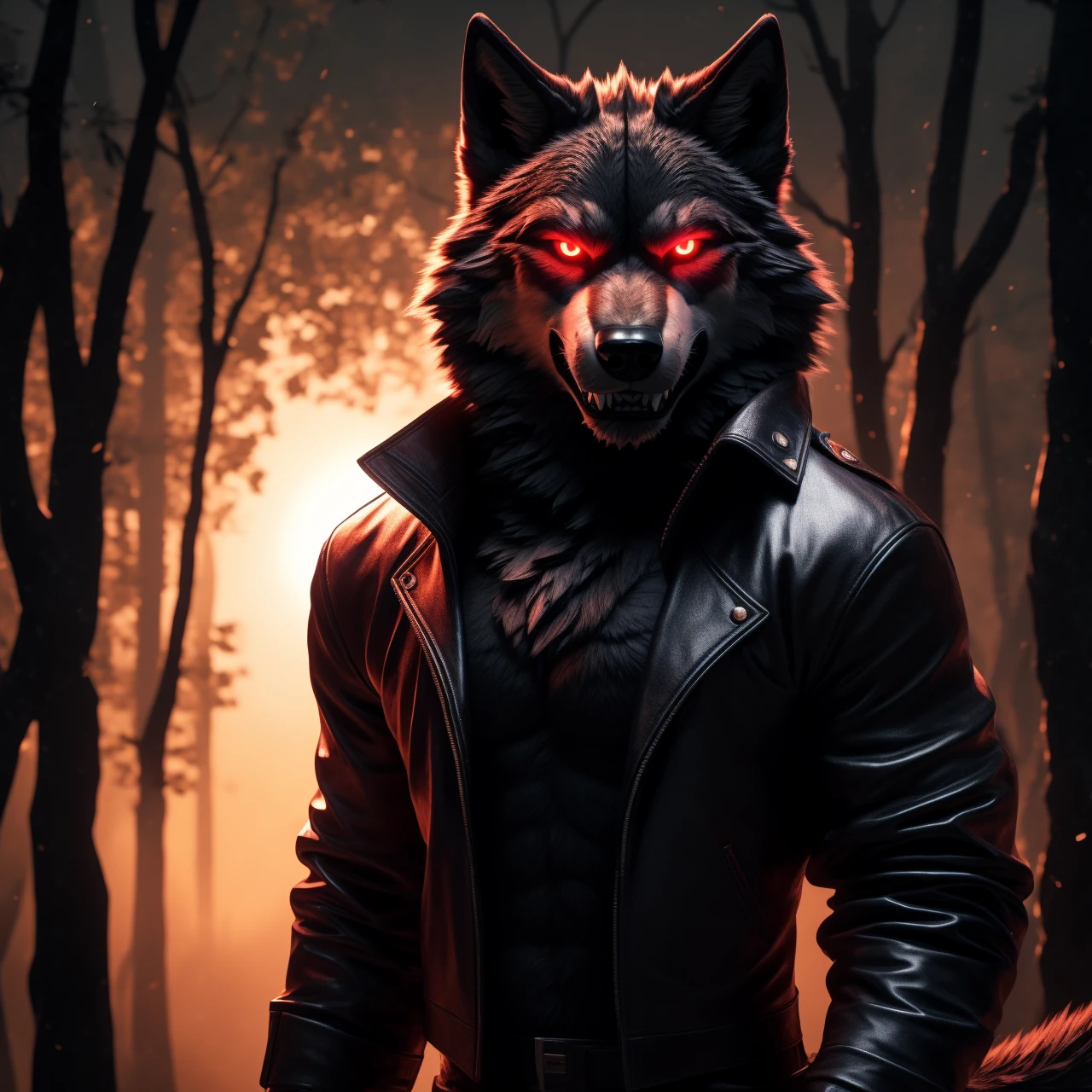 Posing, Male, 30 years old, Evil grin, black leather jacket, anthro, wolf ears, (black fur:1.5), wolf, forest background at night, 8k, hi res, (best quality, masterpiece), red glowing eyes, (wolf tail:1.5), detailed fur