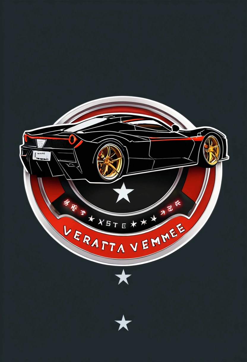 Logotipo redonda usando cores vermelhas e preta como o nome da marca: MANO DAS MINIATURAS usando um carro 3D la Ferrari vermelha 