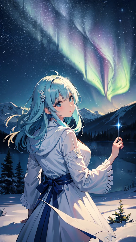 Aurora、masterpiece、highest quality、超A high resolution、8k、pale colour、Snowy mountains and snow-capped trees々々湖の水面にAuroraが映る素晴らしい景色を背景に、Auroraが揺れています。Winters、Yuki、Starry Sky、Meteors