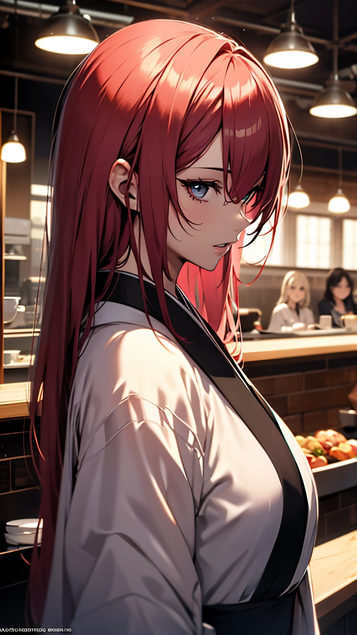 (1girl:1.3), Masterpiece, Best quality, amazing beauty, [[3D]], 4K, absurdres, finely detail, super detailed eye, perfect anatomy, official art, cinematic lighting, BREAK, cafe, silky long hair, red hair, super shiny detailed black eye, big eyes, cute eyes, thin eyebrow, （retreating figure）, close-mouth, thin lips, BREAK , usually, tall, medium, fair skin, detailed skin, Are standing, profile, from front, Bright Lighting, BREAK , (kimono:1.2), prostitute,