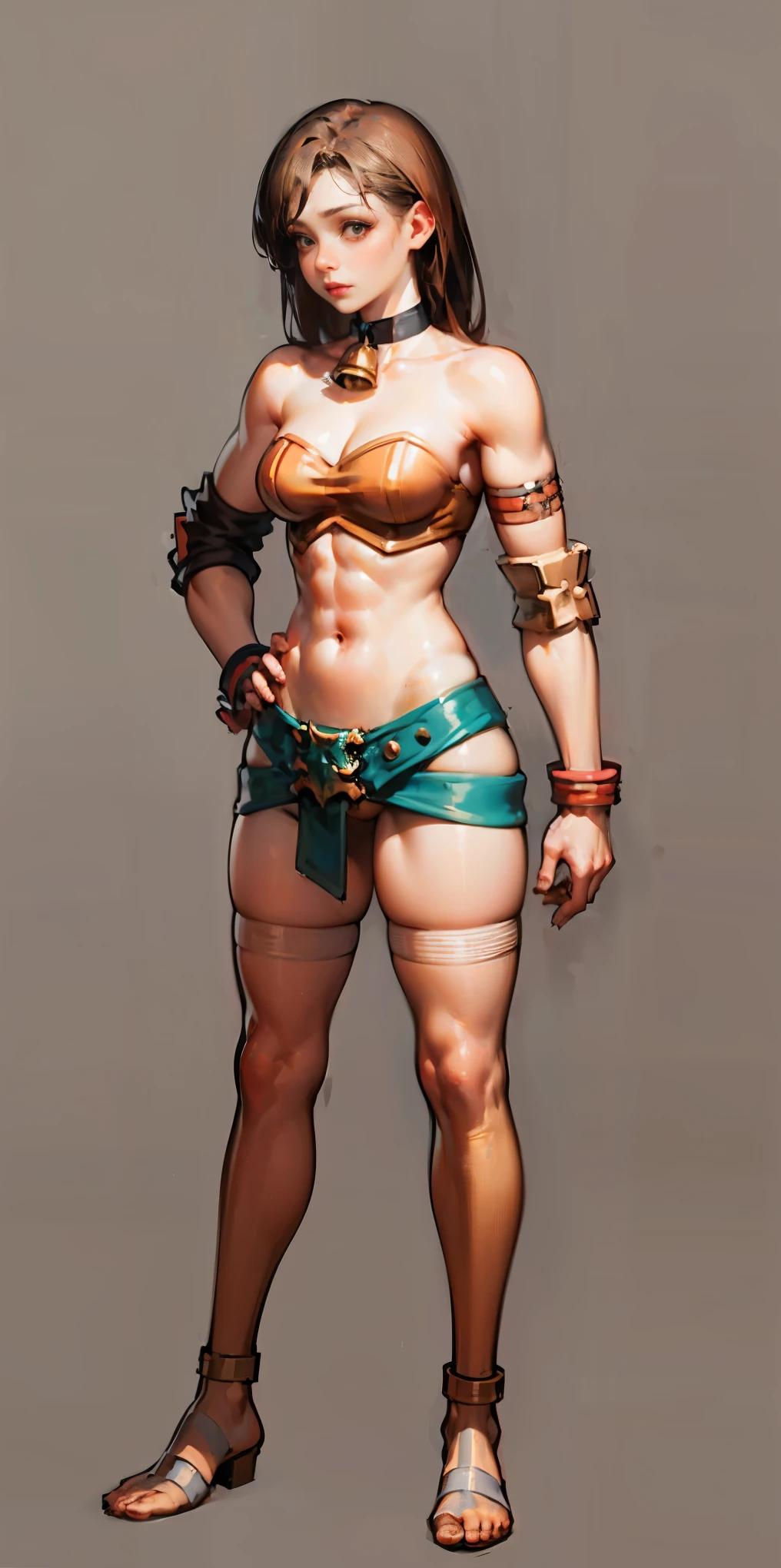 ((BLACK BACKGROUND,1:2, masterpiece)) full body toe to head, masterpiece, 1soloMILF BIMBO standing loincloth pose, leather collar choker neck bell shackles wristbands bracers bracelets sleeves and stockings, strong body, abs, shiny skin (masterpiece, best quality) 1girlsolo wearing 40K Warhammer sisters of battle whsororitas wearing a big belt (Nylon Belt for Women) (plain background) hyper realistic