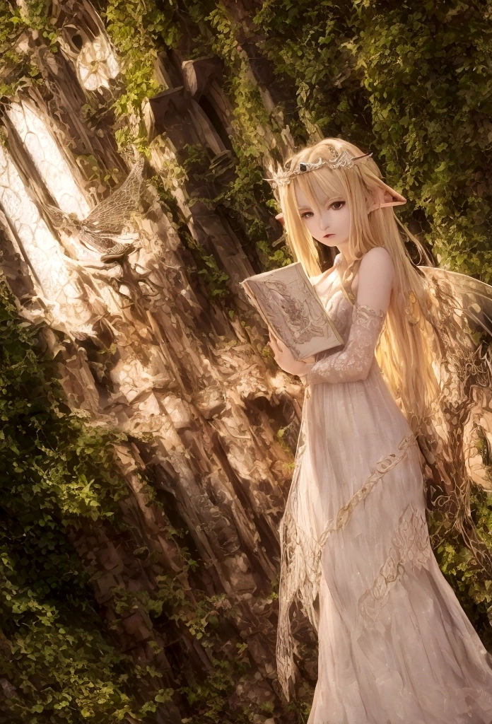 Fairy girl with wings and a book in hand, Classic Long Dress, Fairy Wings, Red eyes and Blonde Hair, Golden Hair, Serious face, Magic, arcane powers, RPG Character, pointy ears, look serious, casting a spell, casting a fire spell, fire, 4k, full hd