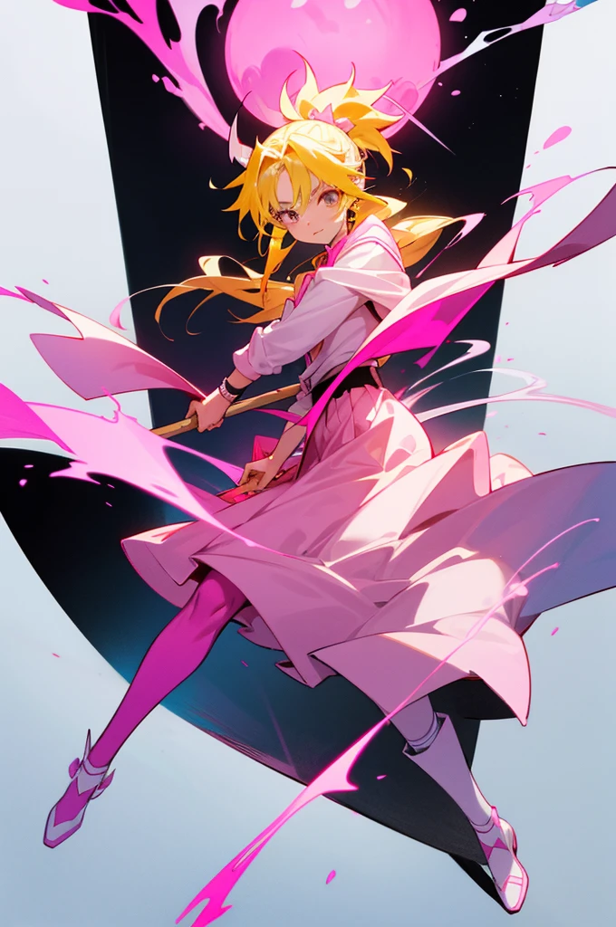 Image Anime Demon Slayer Version, A girl with yellow hair with pink tips wearing the typical Slayer uniform but with a long skirt open to the legs on both sides., no tiene mucho pecho, On the shoulders it is open like the Slayers have sweaters because theirs is white with pink tones, su catana es una barra con muchas cuchillas, His breath is that of pink fire 