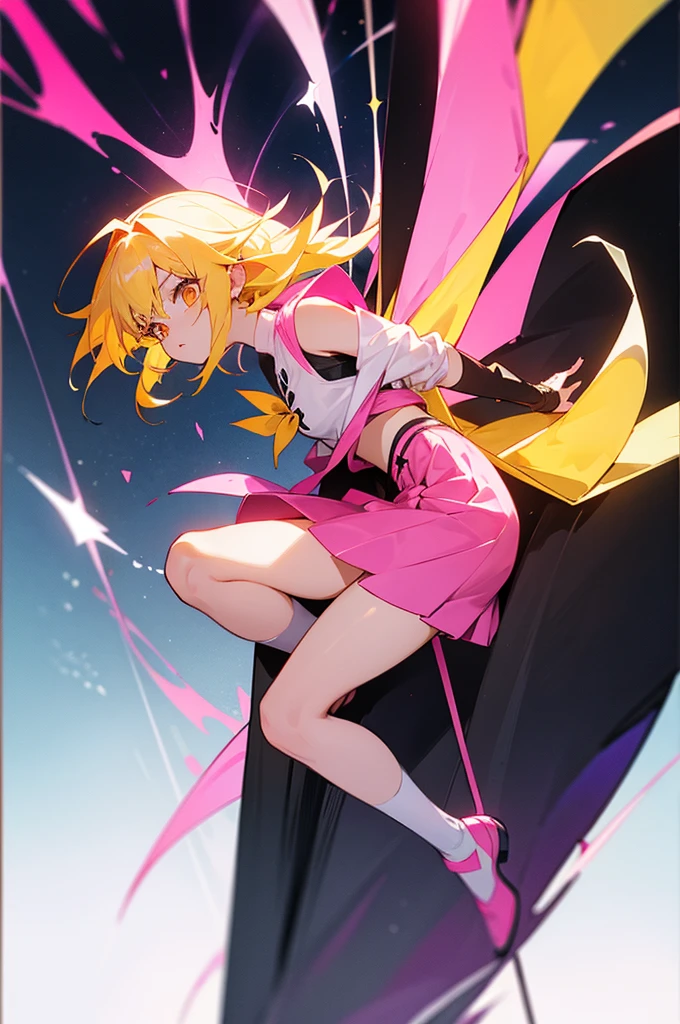 Image Anime Demon Slayer Version, A girl with yellow hair with pink tips wearing the typical Slayer uniform but with a long skirt open to the legs on both sides., no tiene mucho pecho, On the shoulders it is open like the Slayers have sweaters because theirs is white with pink tones, su catana es una barra con muchas cuchillas, His breath is that of pink fire 