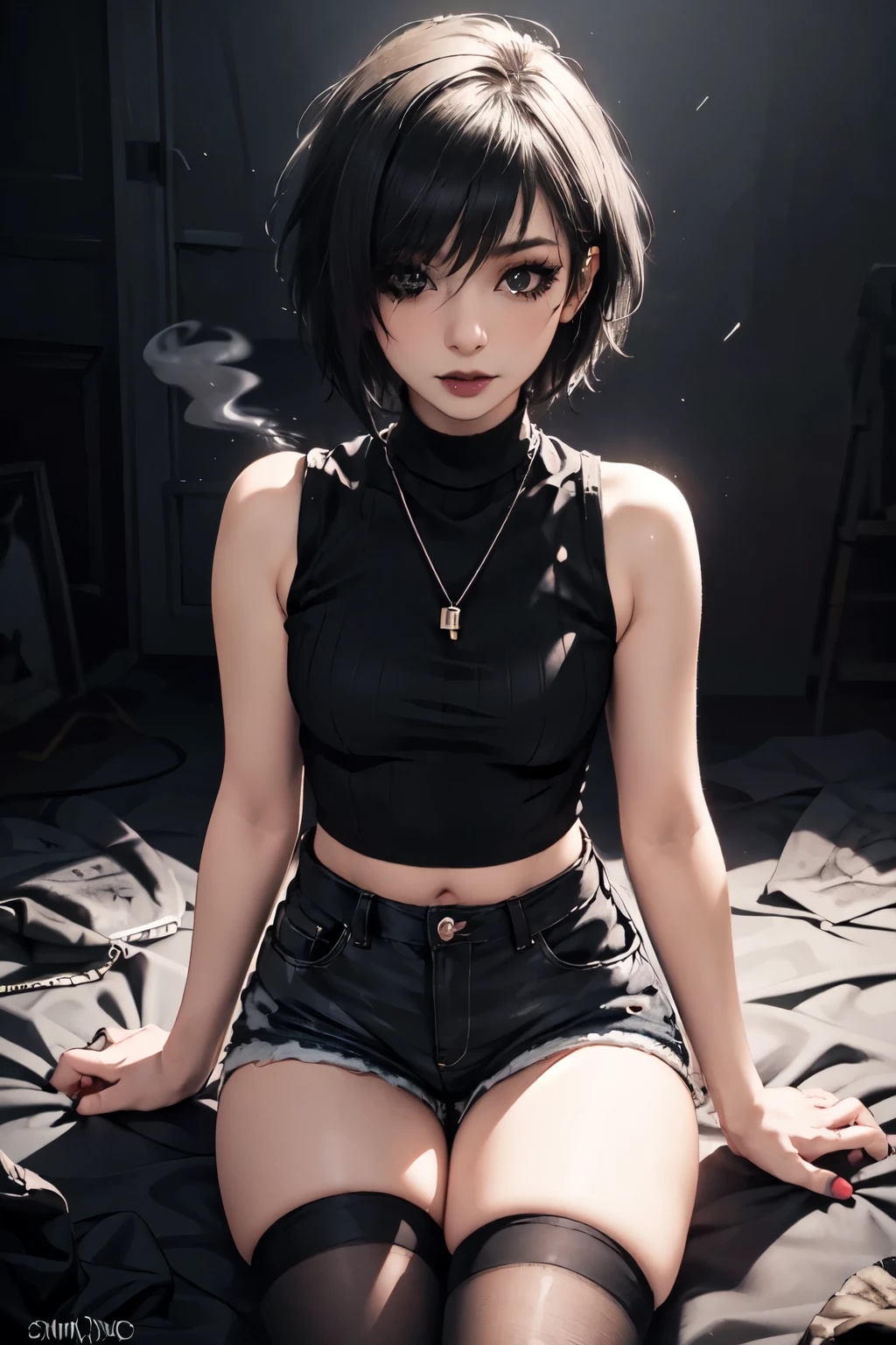 Girl, woman, emo_hairstyle, black lipstick, dog collar, eyeliner, eye shadow, smoky eyes, realistic lighting, short hair, tighhighs, short shorts, sleeveless turtleneck top, short clothes, thick thighs.