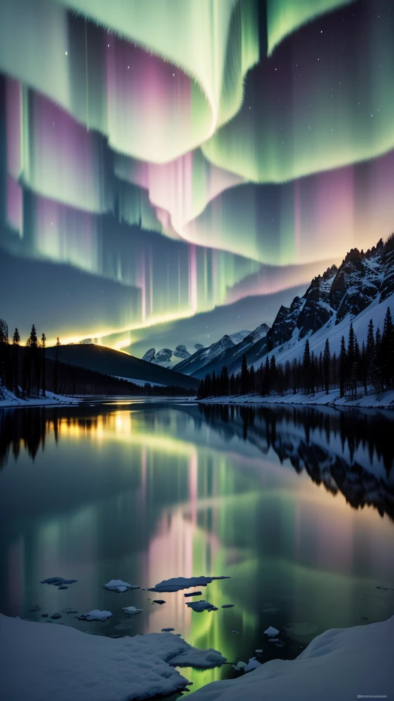 Aurora over a frozen lake:
In cold regions, The aurora reflected on the frozen lake enhances the surreal beauty, Creating a fascinating interplay of light and ice,winter,night,Mountain々