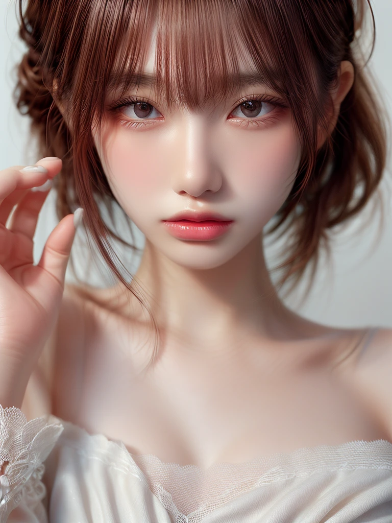masterpiece, 1 beautiful girl, fine grain, Swollen eyes, highest quality, Ultra High resolution, (reality: 1.4), Cinema Lighting, Japanese, Asian Beauty, Korean, so beautiful, Beautiful Skin, thin, Body facing forward, (Ultra-realistic), (High resolution), (8k), (Very detailed), ( Best illustrations), (Beautiful and exquisite), (Very detailed), (wallpaper), Detailed face, Bright lighting, Professional Lighting, View your audience, Look straight ahead, White Dress, 46 point diagonal bangs, White Background、Off-the-shoulder dress 1.5、Lace fabric、Transparency、Transparency