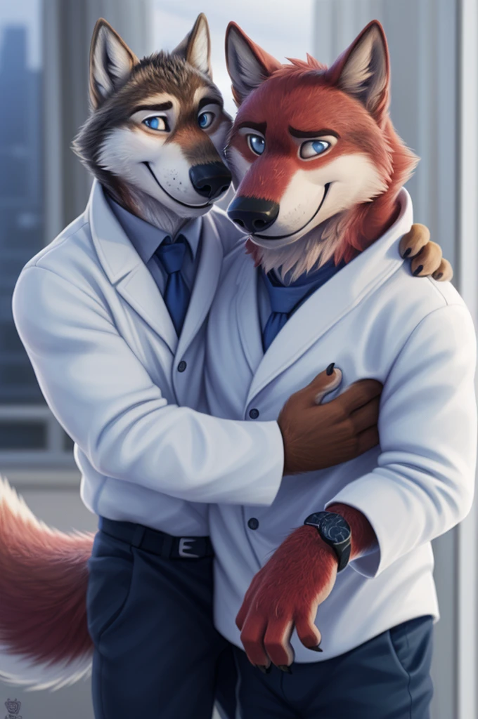 Ivan Fedorovich Wolfbach (Novosibirsk) ,tall handsome, wolf,young, 24 years, brown fur,Kind,(red body:1.3),beautiful blue eyes,Novosibirsk,dressed, white medina robe, stethoscope,Dr,shirt,black tie,trousers,canine, wolf, detailed fur, male, Anthro, paw pads, finger claws,at viewer, 5 fingers, paws, 5 fingers, smile, wrist watch, т nextel,by xenoforge, (difficult, high detail, digital photography, soft focus, RAW species театр,very close to the camera, species,Novosibirsk, smile, a good mood, positive, very close to the camera,the most beautiful doctor,
Photorealism, realistic, photorealistic, digital style, subsurface scattering,looking at the viewer,hugs the she-wolf,
masterpiece, Best quality, ultra realistic, 8K)