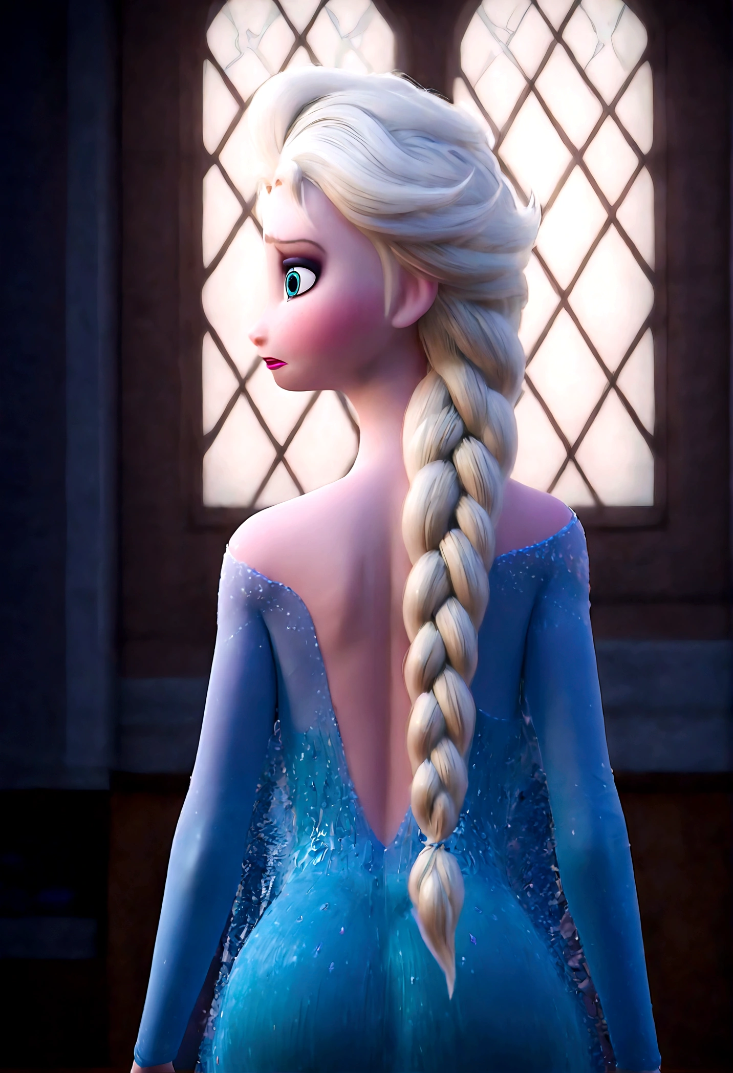 1girl, elsa (frozen), braid, (single braid), makeup, long hair, hair over shoulder, solo, (braid over shoulder:0.7), shy, (blush, bare shoulders:0.4), embarrassed, detailed skin, (Back View, from behind:1.4), looking back over shoulder, bedroom, window, Frozen_elsa_textV1-PonyXL, anime screenshot, source_anime, dramatic composition, cinematic dynamic action scene, vibrant colors, cinematic lighting, dramatic lighting, best quality, masterpiece, very aesthetic, perfect composition, intricate details, ultra-detailed