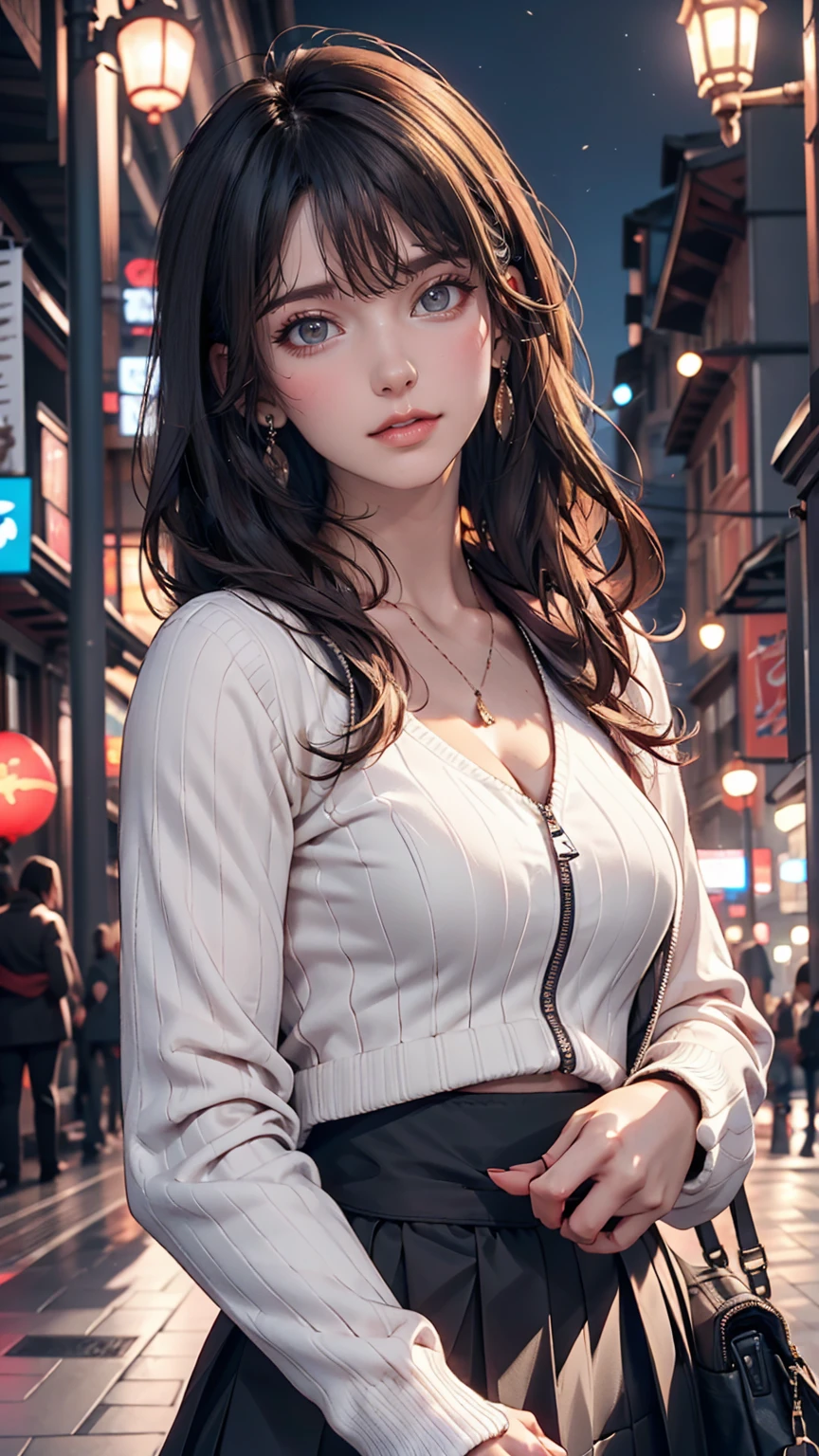 double,, , One girl, Ahoge, bangs, black skirt, black sweater, Blue Claws, Blurred, Blurred background, chest, Brown eyes, Brown Hair, brown Jacket, Mouth closed, Day付付き, Day, Depth of written boundary, Earrings, eyelash, Raise your hand, Tilt your head, Jacket, jewelry, Long Hair, Long sleeve, View Viewer, medium chest, Manicure, Open clothes, open Jacket, Outdoor, Pursed lips, Tucked in shirt, Side Lock, skirt, Sleeves are longer than the wrist, alone, sweater, Upper Body, zipper, , , ((masterpiece)), , 