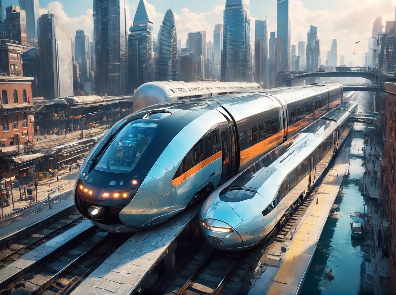 Design a modern, sleek train floating in the air using magnetic energy, with no tracks below. The background features a futuristic cityscape with advanced technologies and clean energy sources. The train is glossy and high-tech, with passengers looking out in awe