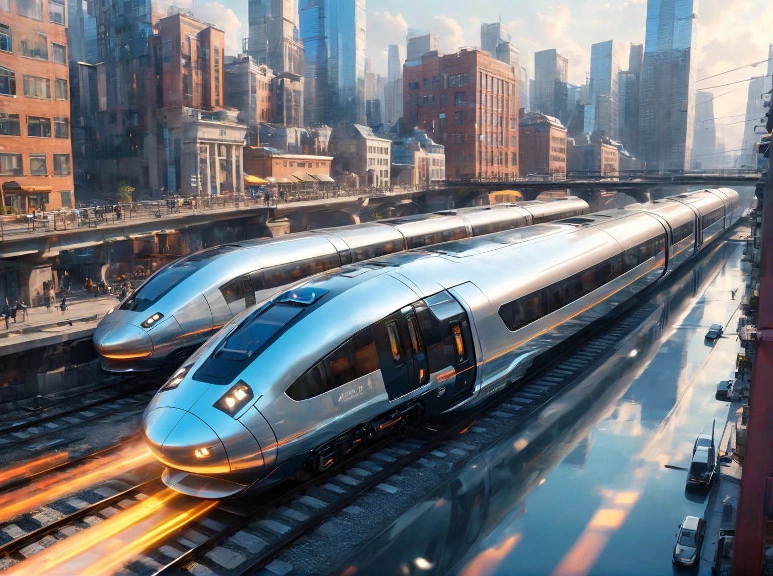 Design a modern, sleek train floating in the air using magnetic energy, with no tracks below. The background features a futuristic cityscape with advanced technologies and clean energy sources. The train is glossy and high-tech, with passengers looking out in awe