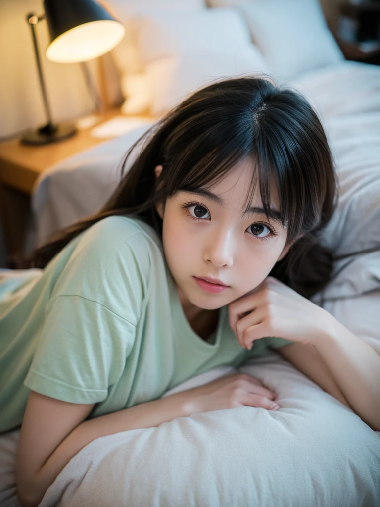 (best quality,8k,masterpiece:1.2), ultra-detailed, realistic, Japanese girl with a cute face, beautiful detailed eyes, expressive and melancholic facial expression, long eyelashes, wearing a loose T-shirt, lying face down on a modern bed, random hairstyle, in a fairytale-like room, cinematic lighting, photorealistic skin, captured with a Leica camera, vintage film vibe.cinematic, 35mm, photo --. niji 5 --ar 16:9 ---s 180